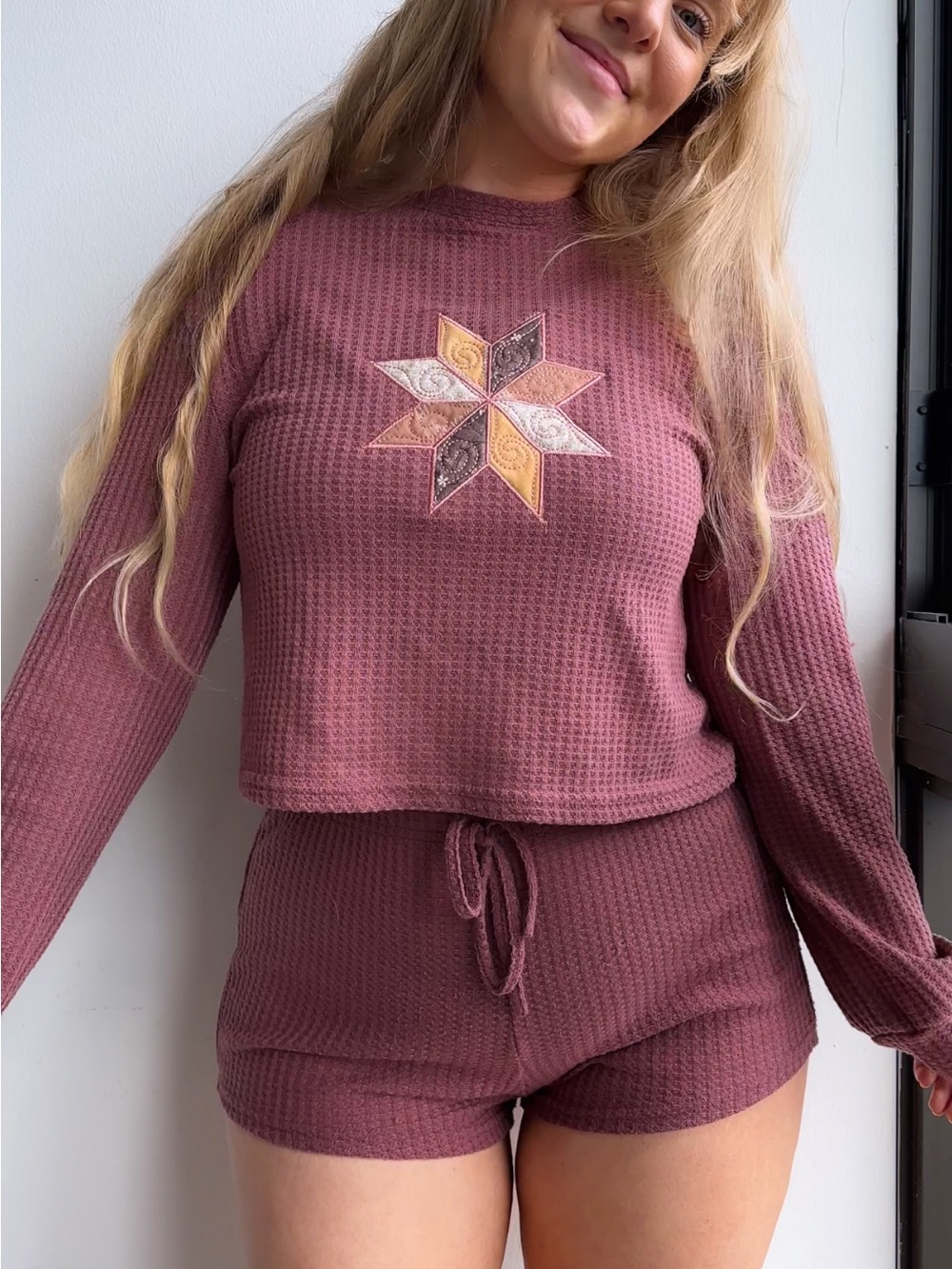 Mauve Waffle Knit 3-Piece Lounge Set with 8 Point Star Patch